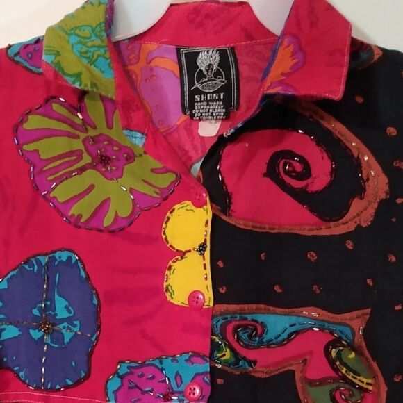 Vintage 1980's Short Circuit Beaded Mod Floral Printed Shirt - Picture 4 of 10